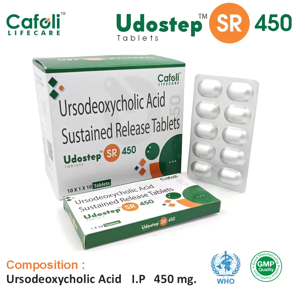Ursodeoxycholic Acid (450mg) SR Tablet at the best price in PCD Pharma Franchise for Bile Acid and Gallstone Dissolution.